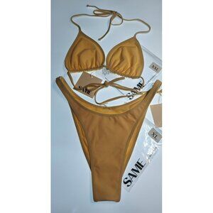 SAME LA 90s High Leg Faux Suede Bikini XXL Top XL Bottom Cream NWT